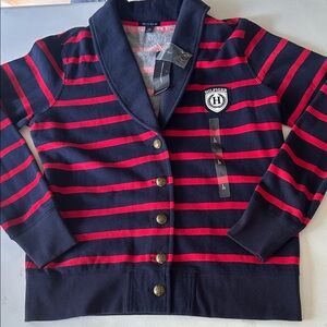NWT Tommy Hilfiger Navy/ Red Striped Cardigan Sweater Preppy 2013 Fleece Lined L